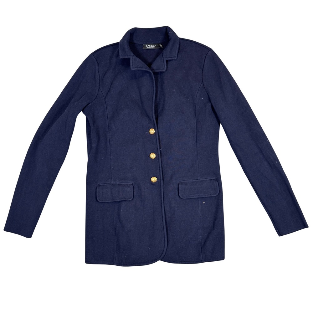 Lauren Ralph Lauren Navy Blue Knit Blazer Gold Crest Buttons Large